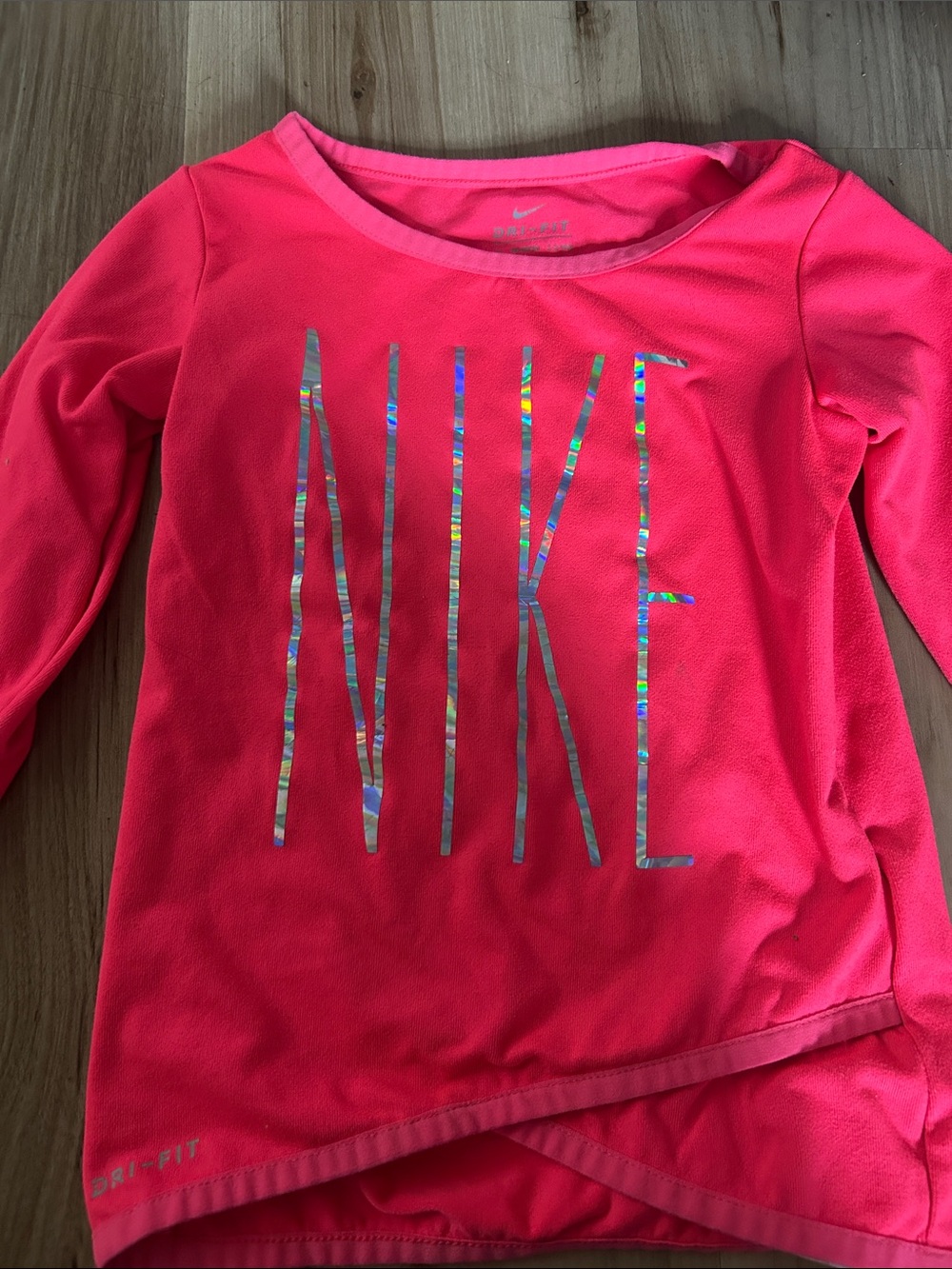 Nike Girls' Bright Pink Long Sleeve Dri-FIT Top with Holographic Logo
